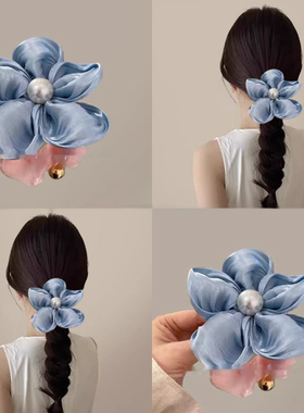 蓝色的海!大号花朵珍珠发圈!2024新款高端大肠发圈仙气皮筋女夏