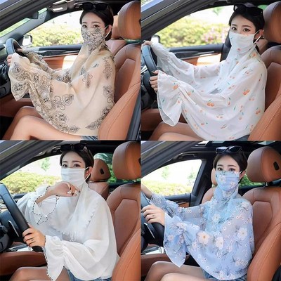 防晒披肩女薄款开车骑车长袖抗UV遮阳面纱护颈季一体防晒衣