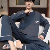 套头休闲可外穿家居服套装 春秋季 宽松A款 长袖 男士 睡衣纯棉简约款