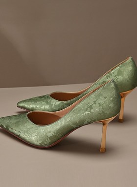 羊皮刺绣感绿色高跟鞋女2025新款夏天VL口尖头细跟单鞋宴会配旗袍