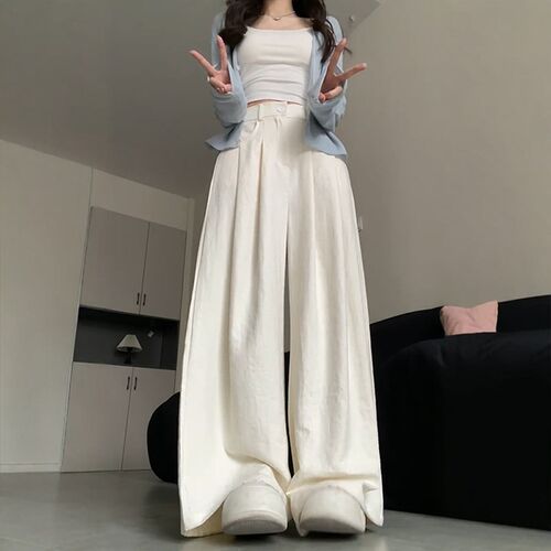 白色奶芙山本裤子宽松bf慵懒风春季女大码胖mm西装休闲运动阔腿裤