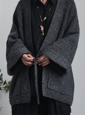弎狸 TIP  春秋日系复古深灰色针织衫男女新中式个性道袍毛衣开衫