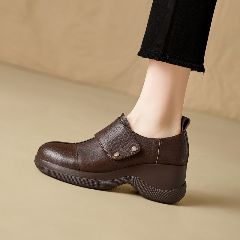 2025春季新款真皮厚底圆头复古小皮鞋女坡跟松糕底魔术贴显瘦单鞋