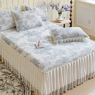 夏季 可机洗冰丝豆豆凉席床裙三件套蕾丝花边凉感床单夏天空调软席