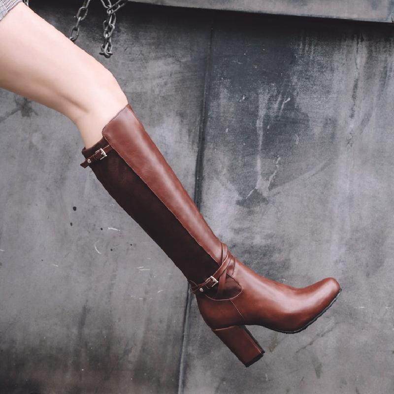 特大号女靴马靴高筒靴及膝长靴中长款 大码高跟鞋粗跟40-43 41 42