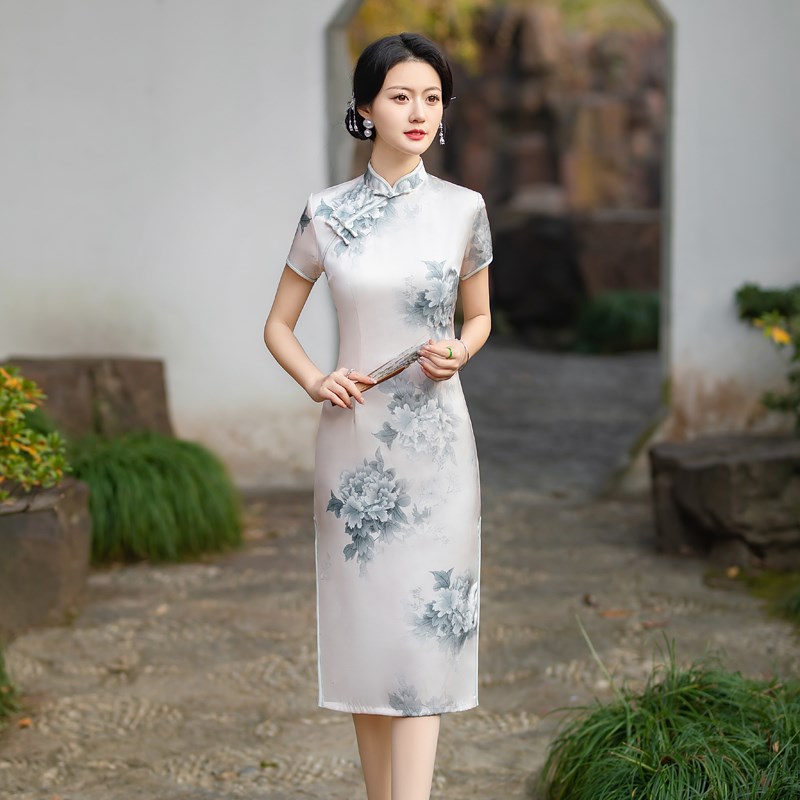 日常浅色系中长款双层醋酸旗袍高档大码收腰显瘦素色年轻款妈妈装