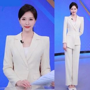 春秋米白色西装套装女播音艺考服装主持人上镜正装高端气质职业装