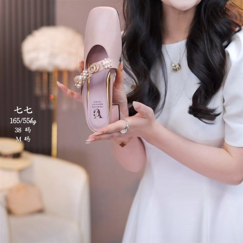 范家正品 带金标 高颜逛街不累脚方头粗跟真皮外穿粉色包头凉拖女,女鞋,烟筒靴,淘宝优惠券,粉丝福利购,淘宝优惠卷