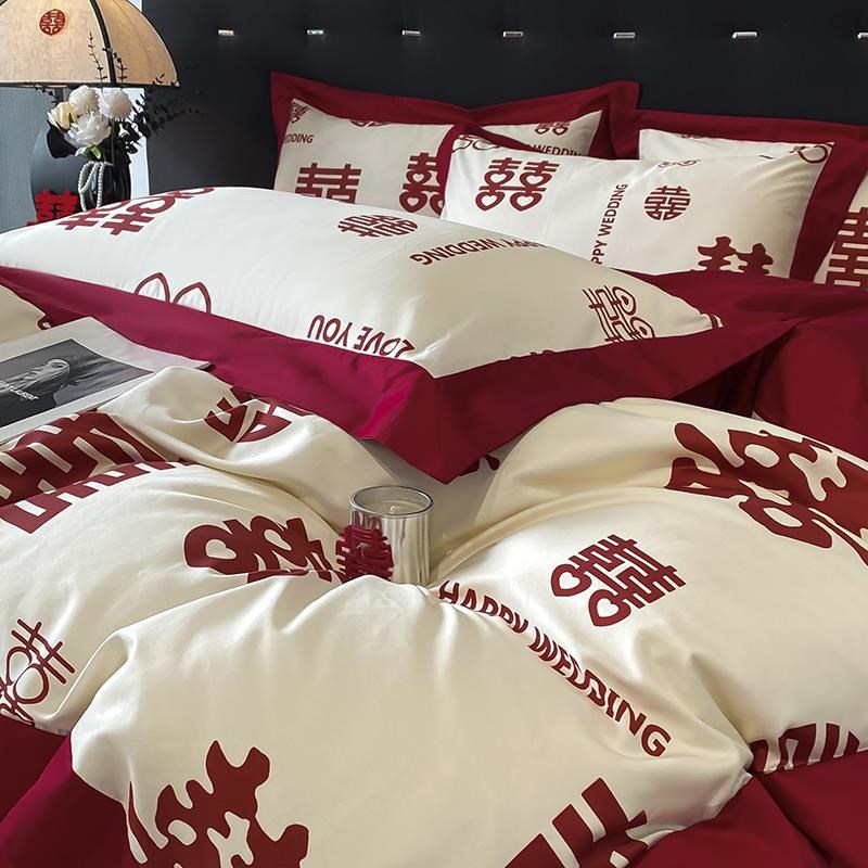 中式百福图结婚四件套红色t床单被套纯棉陪嫁婚庆床上用品婚房喜