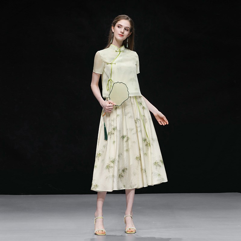 2025夏季新款新中式国风上衣高腰竹叶印花面料+大摆半身裙套装
