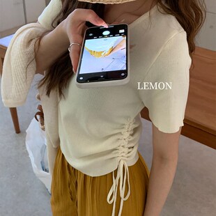 纯色短袖T恤女2024新款夏季收腰修身抽身体恤韩系不规则百搭上衣