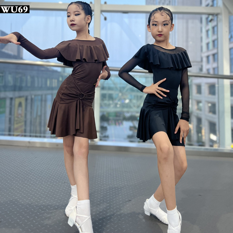 儿童拉丁舞练功服女新款专业舞蹈训练表演服长袖少儿拉丁舞服装秋