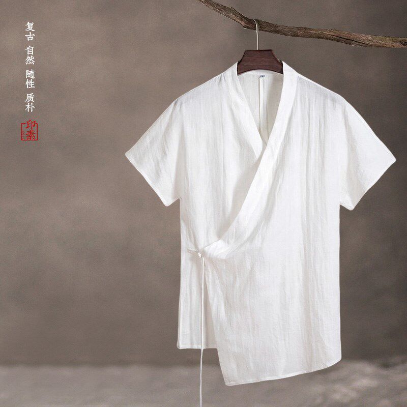 夏季中式斜襟汉服短袖亚麻棉麻男中国风道袍新白色居士禅服茶服