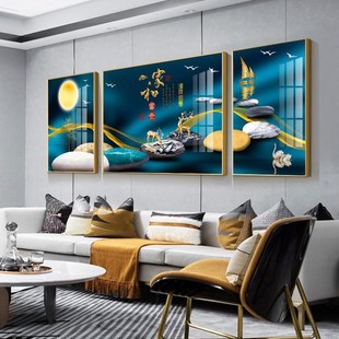 客厅装饰画新中式沙发背景墙w挂画三联北欧轻奢大气晶瓷画镶钻壁