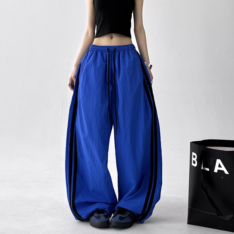 美式复古条纹运动裤女夏季2025新款宽松男女休闲薄款速干工装裤子