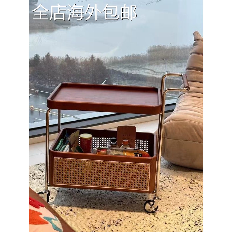 北欧实木边几黑胡桃木色收纳小推车置物架客厅沙发藤编置物边柜