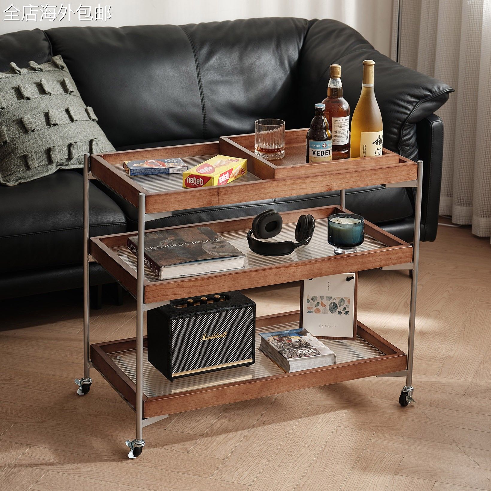 覆中古可移动滑轮沙发边柜茶边几桌子玻璃小推餐车家用客厅置物架