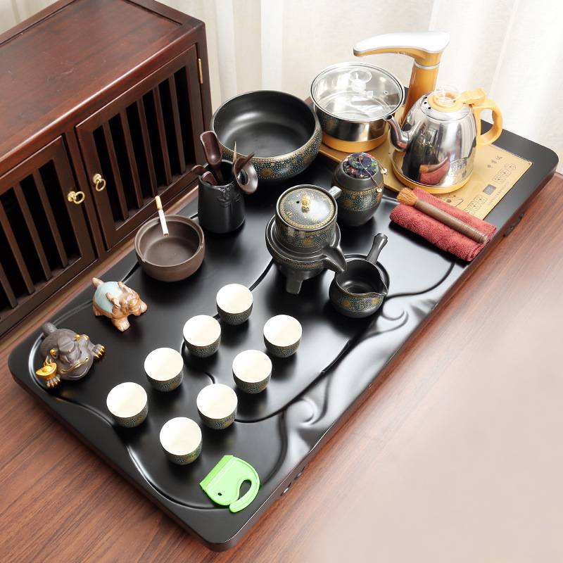 整块黑檀木茶盘陶瓷紫砂茶具套装办公家用全自动四合一电器上水