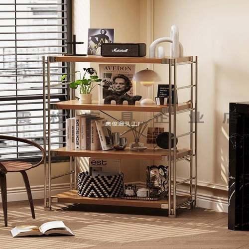 日式置物架落地多层客厅阳台简约中古储物架书架厨房微波炉收纳架