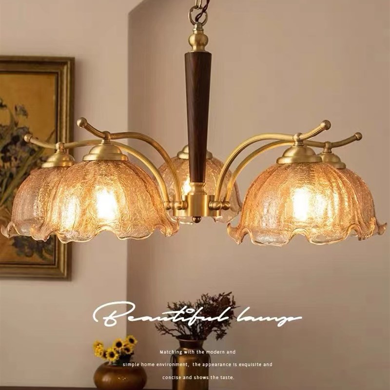 民宿客厅复古黄铜卧室吊灯法式轻奢温馨中古日式玻V璃书房餐厅吊