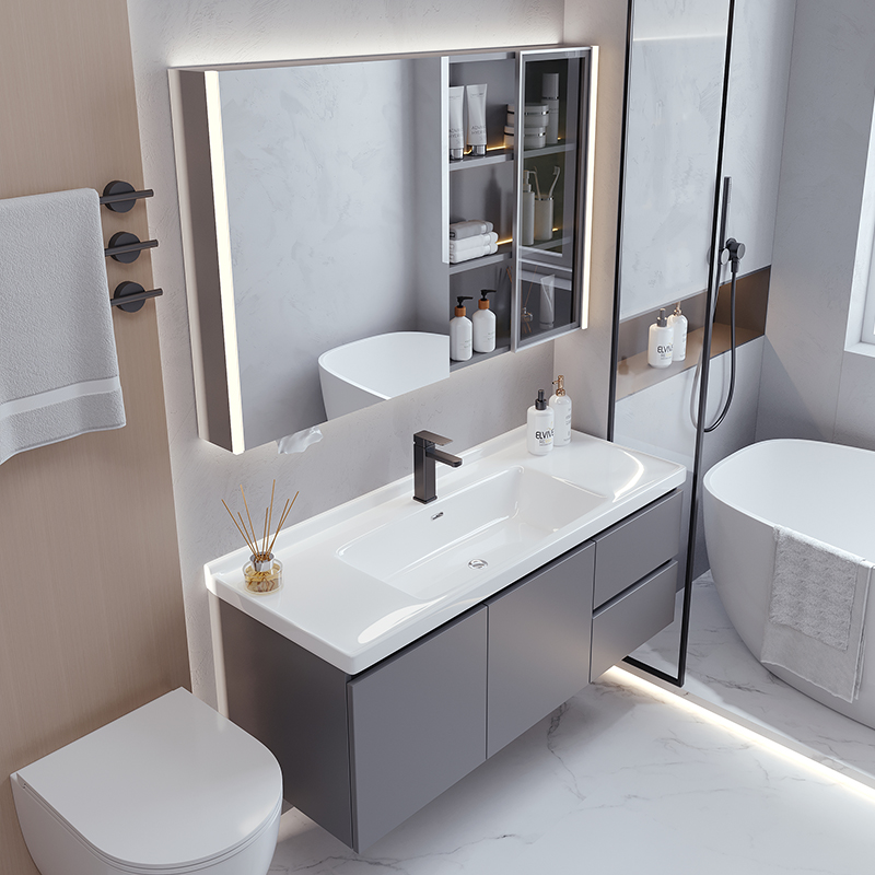 现代简约陶瓷一体盆浴室柜组合卫生间洗手台洗脸洗面轻Z奢洗漱盆