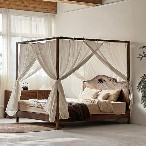 侘寂风架子床实木四柱床双人新中式榻榻米落地民宿酒店家具定制