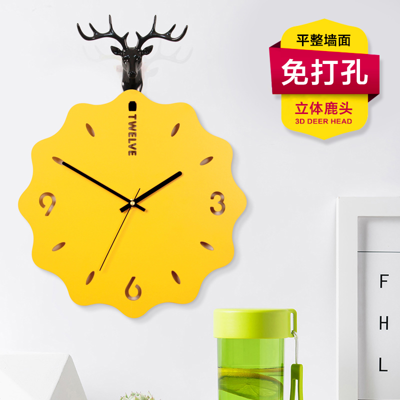 免打孔挂钟现代简约客厅装饰钟表北欧风麋K鹿静音时钟木质创意挂