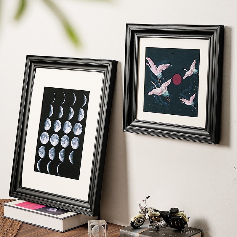 法式复古黑色相框j摆台a3实木画框配黑色底卡纸装裱挂墙客厅高级