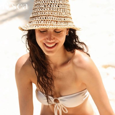 Rsea时尚条纹手工钩织可折叠草帽遮阳U沙滩度假渔夫帽