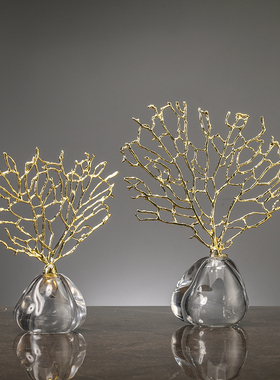 创意发财树轻奢高档摆件大理石北欧简F约玄关电视柜招财家居装饰