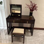 多功能实木梳妆台翻盖镜子新中式 黑胡桃木家用办公写字化妆一体桌