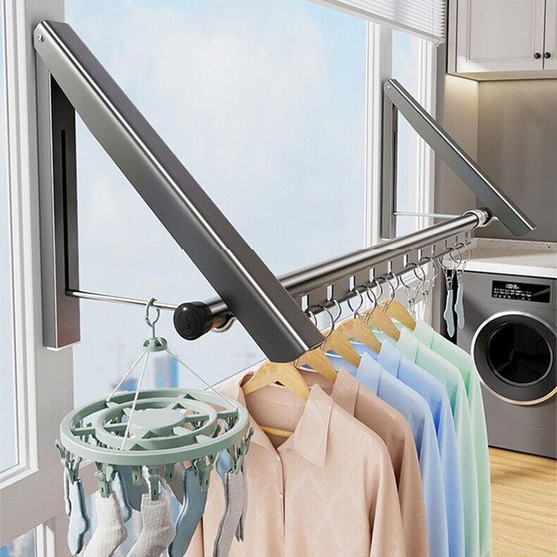 隐形晾衣a架阳台家用窗户飘窗折叠晾衣杆免打孔壁挂式伸缩晒被神