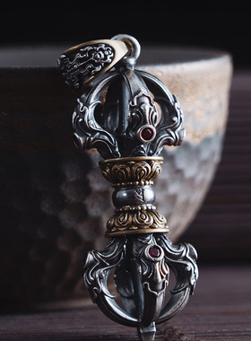 S925银金刚降魔杵吊坠男士藏式转I运手把件个性车载饰品挂件