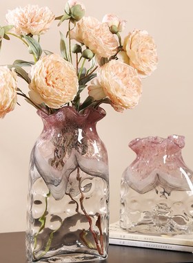 艺术琉璃粉色花瓶轻奢现代简约摆件客厅茶几电视S柜可水培花器装