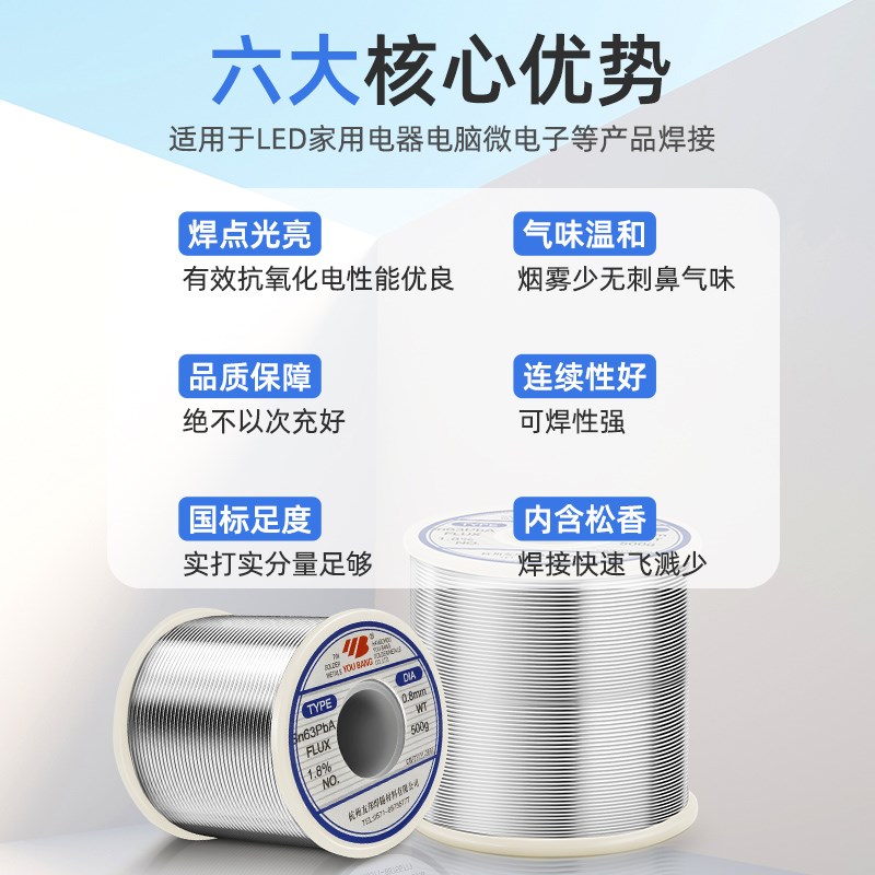 友邦焊锡丝0.8 1.0mm有铅Sn63松香芯63%电烙铁锡线高亮度低温熔图片
