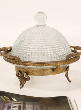 印度进口黄铜玻璃点心防尘展示盘样板间家用餐桌果盘收纳装饰摆件