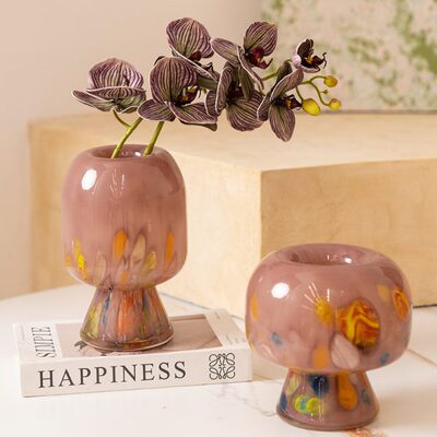 法式粉色中古玻璃花瓶摆件轻奢高级感客厅桌面插花装饰花器样板间