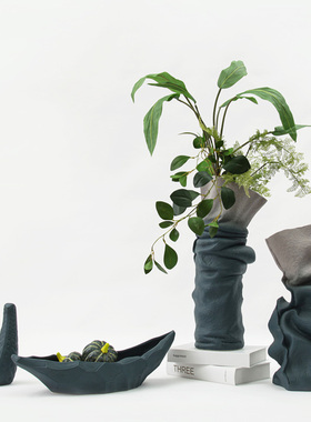 新中式几何褶皱陶瓷花器摆件w客厅样间售楼处酒柜玄关桌面花瓶摆