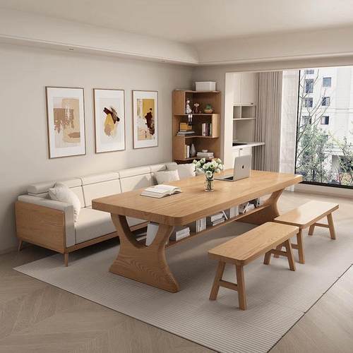 厅实木双层大长休书桌家用台工作办公桌闲大板桌沙发多人学客EMI