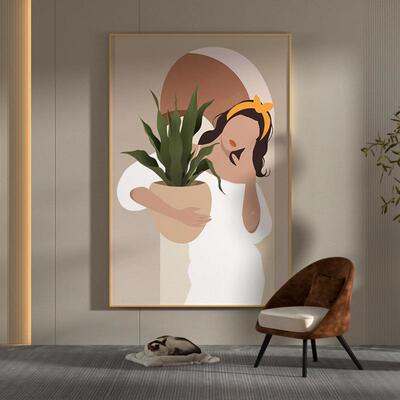 现代约简北欧关抽少女与盆象栽轻EM-1627奢玄客厅装饰画背景墙壁i