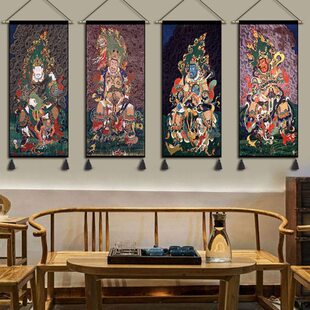 中式复古四大天王挂毯门神挂画客厅大堂装饰画吧台民宿挂布中国风