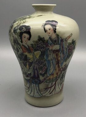 仿清同治粉彩仕女图梅瓶收藏家居摆件古玩厂货怀旧老物件仿古做旧