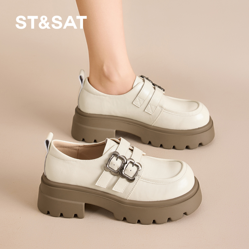 星期六真皮白色乐福鞋女小皮鞋
