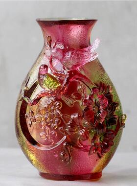 古法琉璃喜鹊花瓶摆件家用客厅插花佛前供奉用品水W晶花瓶高档奢