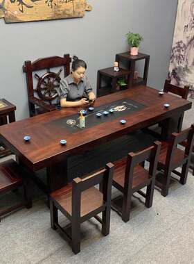 老船木茶桌椅组合一桌五椅功夫茶台家用办公室茶几实木大板茶桌