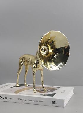 北欧创意个性小众动物金色喇叭狗雕塑摆件客厅玄关酒店家居装饰品