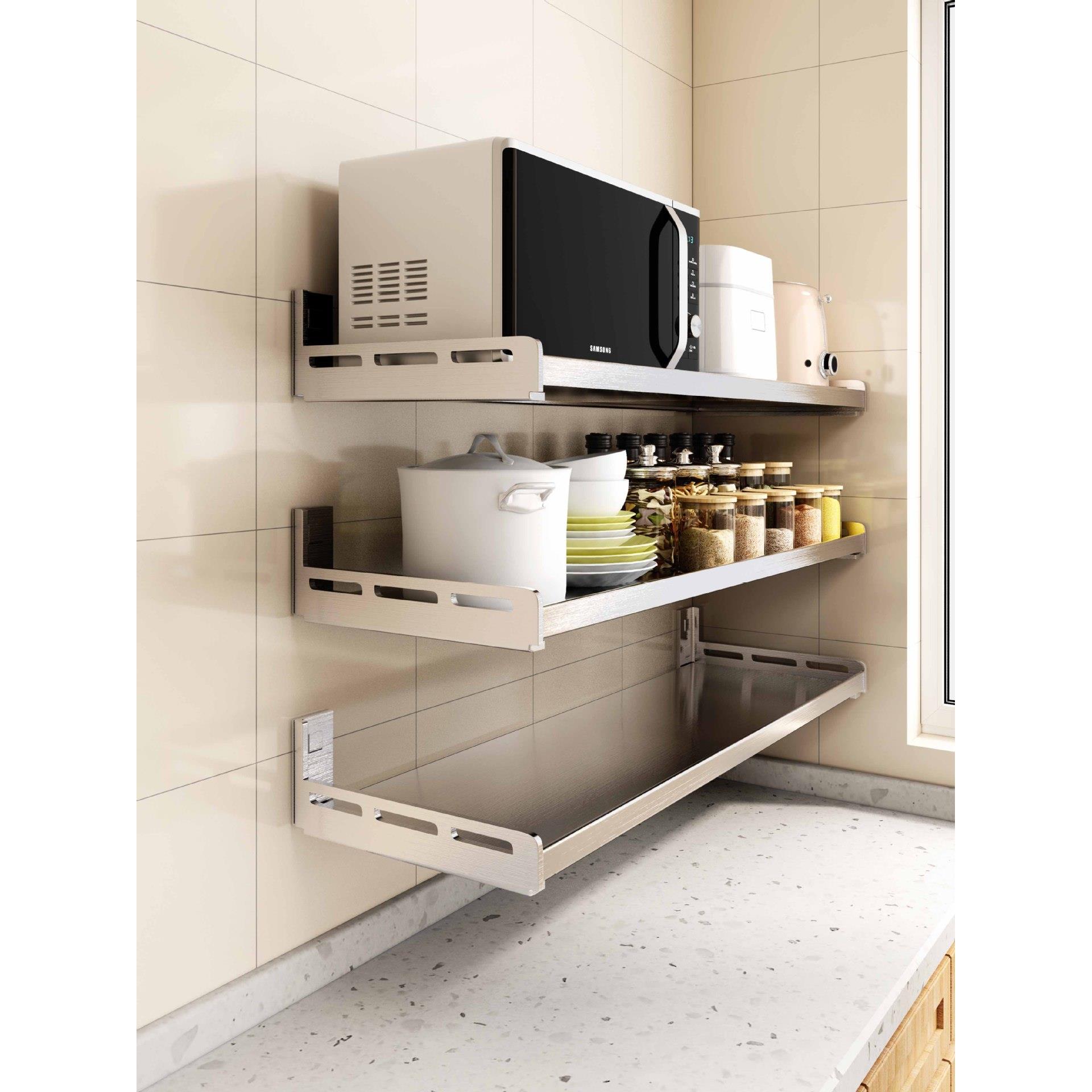 不锈钢壁挂厨房置物架墙上微波炉烤箱免打孔多功能家用收纳置物架