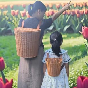 手编背篓舞蹈道具采摘茶叶圆形特大号买菜双肩背箩筐小号儿童