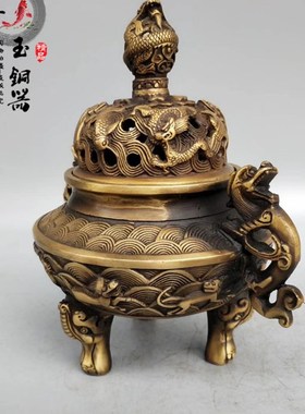 纯铜香炉香熏炉象腿炉海兽炉仿z古做旧熏香盘龙香炉古玩家居装饰
