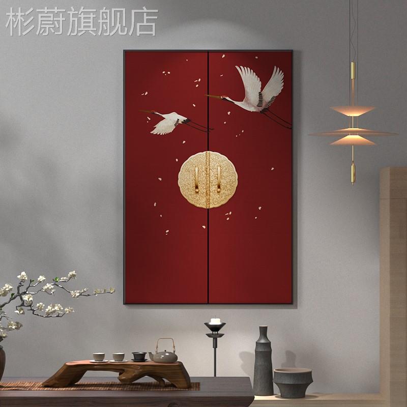 网红新中式客厅红现色装饰画代抽关象中国风仙鹤背景Y墙壁玄竖版图片